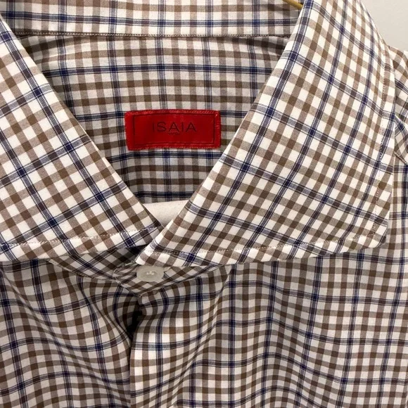 Isaia Blue and White Checkered Button Down Shirt - Picture 2 of 3